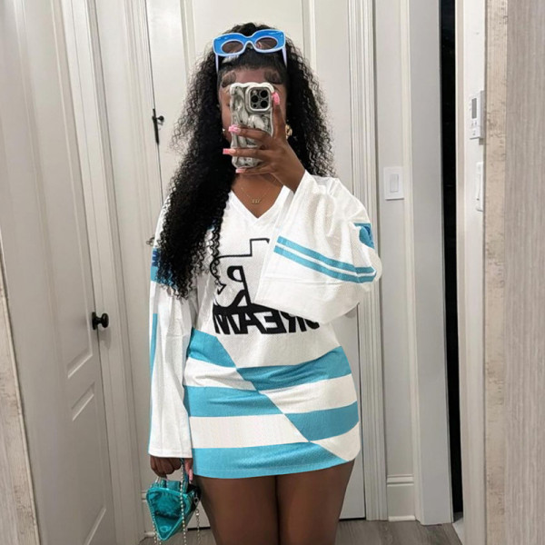 Contrast printed letter long sleeved V-neck T-shirt