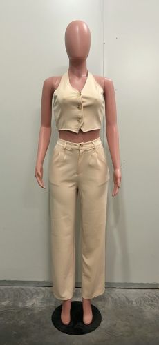 Solid color V-neck hanging neck suit vest pants set