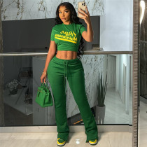 Printed navel exposed short sleeved high waisted long pants casual set Printed navel exposed short sleeved high waisted long pants casual set