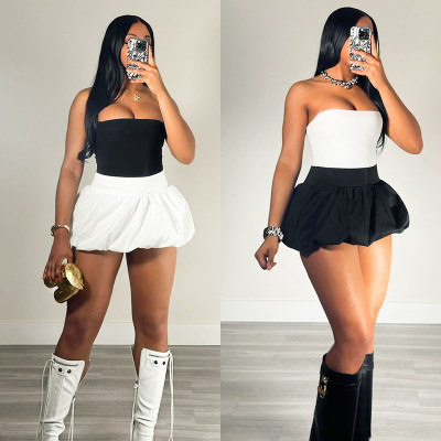 Two piece set of pleated skirt, bubble skirt, strapless elastic waist mini skirt