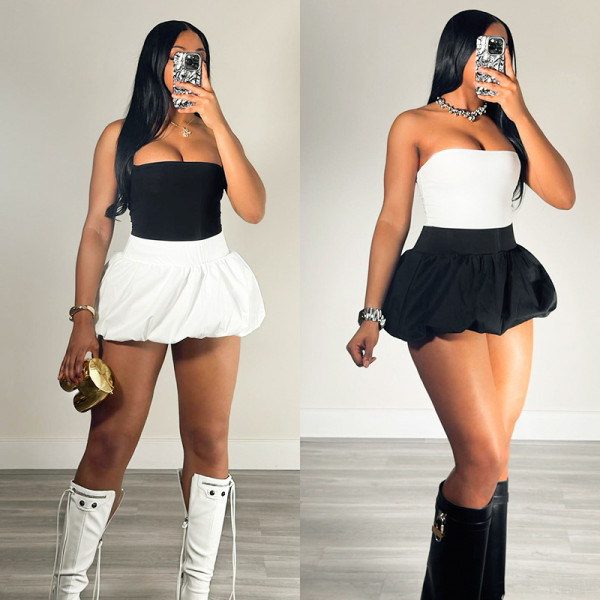Two piece set of pleated skirt, bubble skirt, strapless elastic waist mini skirt