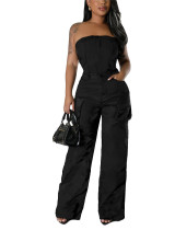 Off shoulder PU leather strapless workwear pants two-piece set Off shoulder PU leather strapless workwear pants two-piece set