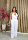 Solid color V-neck hanging neck suit vest pants set
