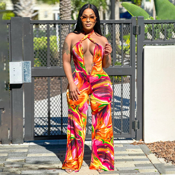 Printed Open Navel Hanging Neck Open Back jumpsuit