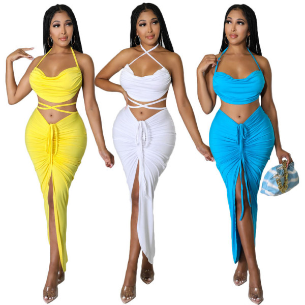 Hollow split strap backless two-piece set