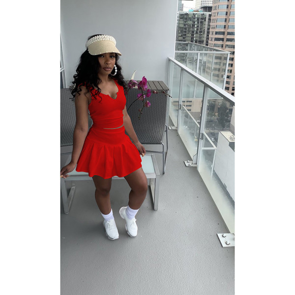 Women's sexy solid color V-neck sleeveless pleated pants skirt
