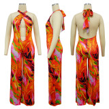 Printed Open Navel Hanging Neck Open Back jumpsuit