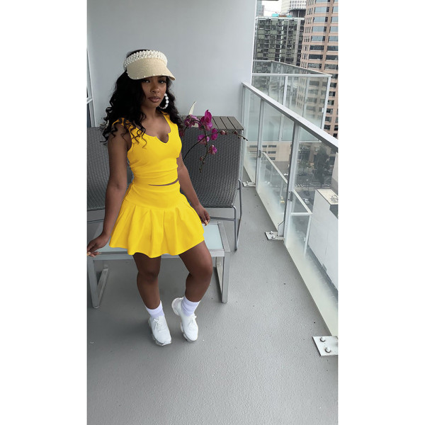 Women's sexy solid color V-neck sleeveless pleated pants skirt