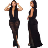 Women's Perspective Mesh Deep V Fashion Hooded Sleeveless Dress