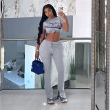 Printed navel exposed short sleeved high waisted long pants casual set