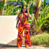 Printed Open Navel Hanging Neck Open Back jumpsuit