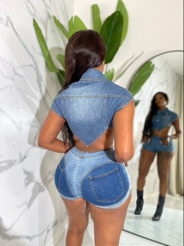 Open navel sleeveless irregular top elastic denim set