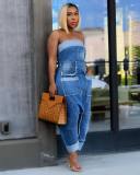 Denim workwear with multiple pockets patchwork, washed loose sleeveless jumpsuit