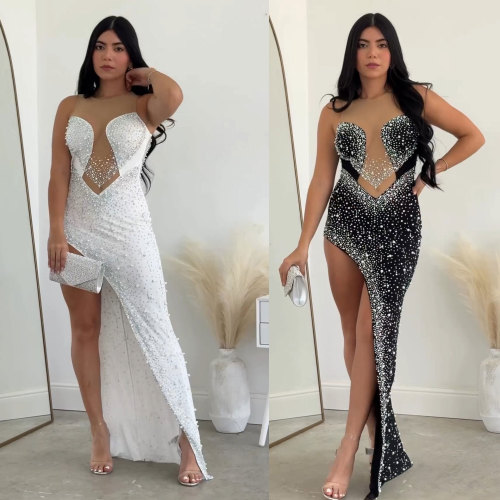 Hot Diamond Pearl Spliced Perspective Split Elastic Wrap Hip Sleeveless Dress