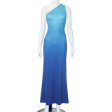 Gradient printed one shoulder neckline pleated backless dress