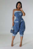 Denim workwear with multiple pockets patchwork, washed loose sleeveless jumpsuit