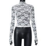 Digital Embroidery High Neck Lace Perspective Long sleeved Top T-shirt