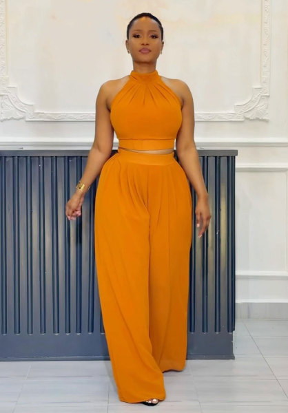 Two piece set of pleated sleeveless high waisted top and wide leg pants