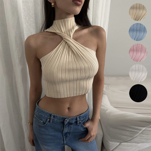 Chest cross off shoulder woolen knitted clean color vest top