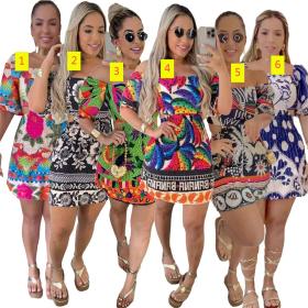Printed waist cinched backless lantern sleeves with a shoulder length and two piece dress