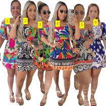 Printed waist cinched backless lantern sleeves with a shoulder length and two piece dress Printed waist cinched backless lantern sleeves with a shoulder length and two piece dress