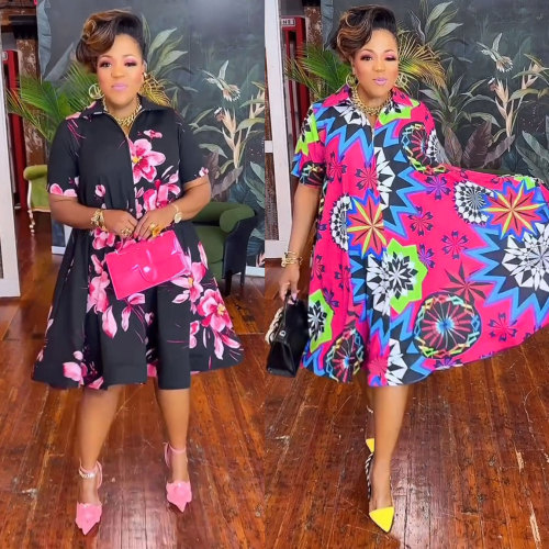 Printed large hem V-neck zippered short sleeved dress