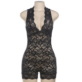 Low neckline perspective hollow sleeveless top, buttocks wrapped shorts, jumpsuit
