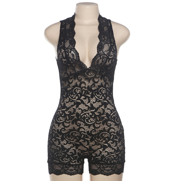 Low neckline perspective hollow sleeveless top, buttocks wrapped shorts, jumpsuit