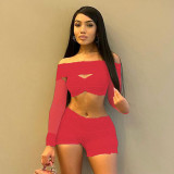 Lace patchwork one shoulder top elastic shorts two-piece set