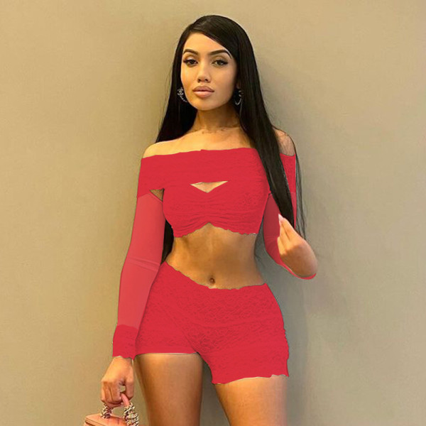 Lace patchwork one shoulder top elastic shorts two-piece set
