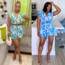 Printed V-neck sleeveless pleated high waisted wide leg shorts two-piece set