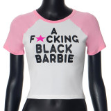 Contrast color patchwork letter print round neck short sleeved open navel short top