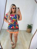 Printed waist cinched backless lantern sleeves with a shoulder length and two piece dress