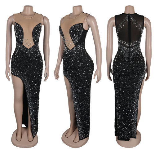 Hot Diamond Pearl Spliced Perspective Split Elastic Wrap Hip Sleeveless Dress