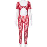 Lace patchwork U-neck short sleeved open navel cut out jumpsuit