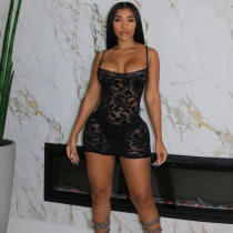 Hollow Knitted Lace Strap Wrapped Hip Short Dress