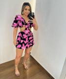 Printed hollow tie with lotus leaf sleeves, fake one piece pant skirt