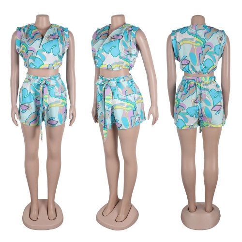 Printed V-neck sleeveless pleated high waisted wide leg shorts two-piece set