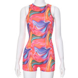 Colorful printed back hollowed out round neck sleeveless jumpsuit shorts