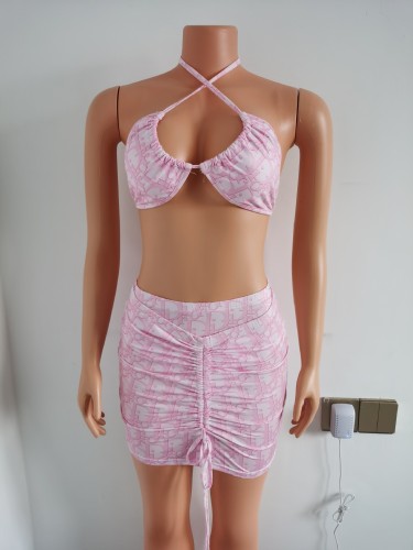 Solid color multi element letter printed swimsuit three piece set