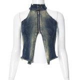 Sleeveless hanging neck open back top denim vest