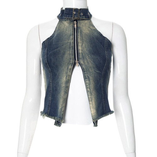 Sleeveless hanging neck open back top denim vest