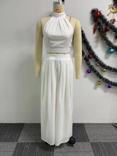 Two piece set of pleated sleeveless high waisted top and wide leg pants