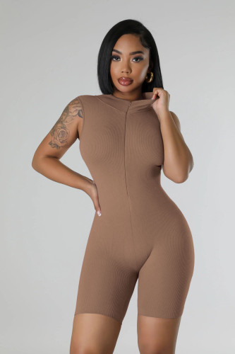 Open necked zippered sleeveless tight fitting jumpsuit shorts