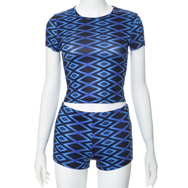 Diamond checkered printed round neck short sleeved top and shorts set