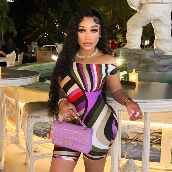 Colorful printed short sleeved off shoulder slim fit jumpsuit shorts