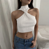 Chest cross off shoulder woolen knitted clean color vest top
