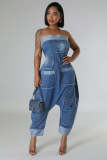 Denim workwear with multiple pockets patchwork, washed loose sleeveless jumpsuit