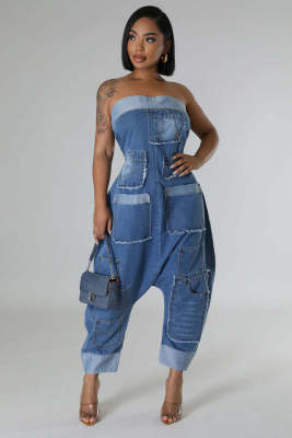 Denim workwear with multiple pockets patchwork, washed loose sleeveless jumpsuit