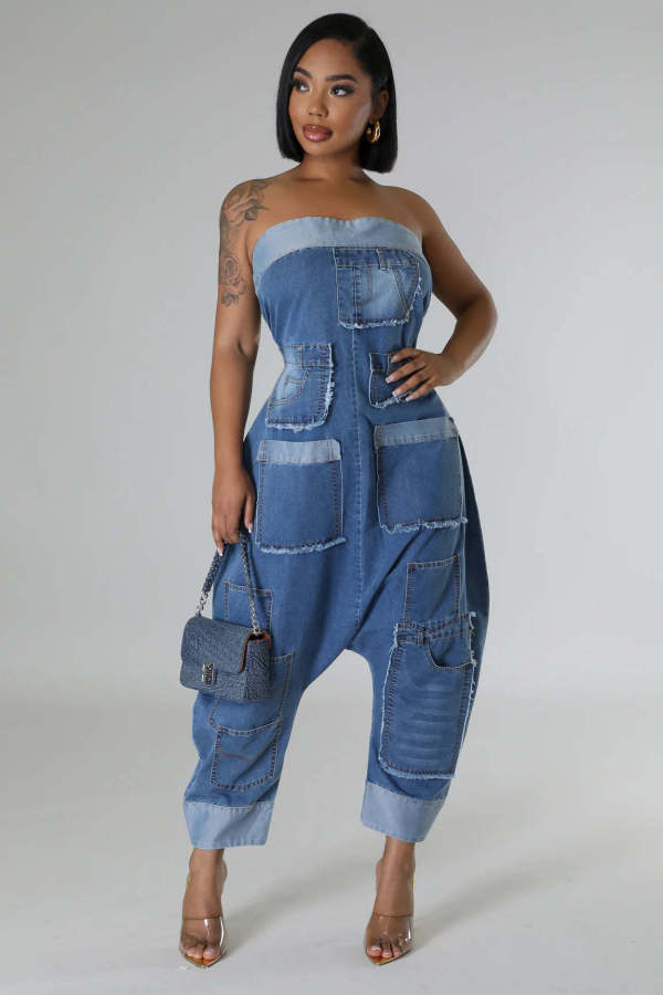Denim workwear with multiple pockets patchwork, washed loose sleeveless jumpsuit